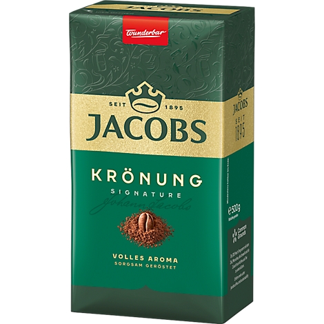 Jacobs Krönung Kaffeepackung. Grün, goldfarben und rot, mit Logo, Text und Abbildung von Kaffeepulver.