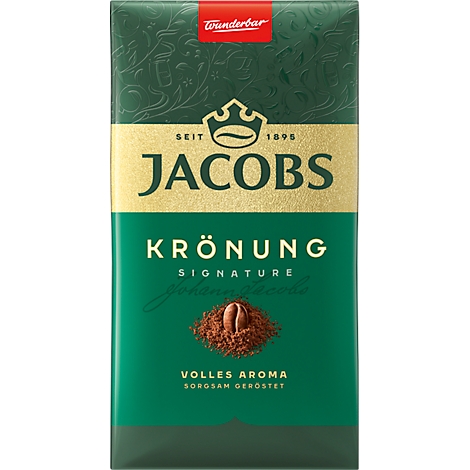 Eine Packung Jacobs Krönung Kaffee. Grün-goldenes Design mit Schriftzug.