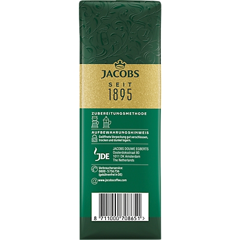 Grüne Kaffeeverpackung mit goldenem Jacobs Logo und Schriftzug 'Seit 1895'. Produktinformationen und Barcode unten.