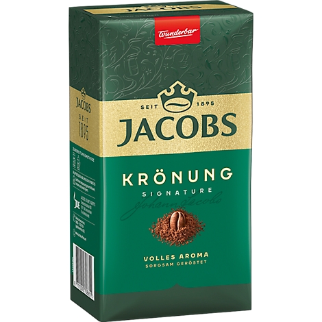 Paquet de café vert et doré avec lettrage Jacobs Krönung et image de grains de café.