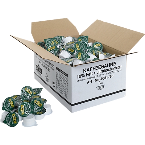 Coffee cream portions in box. Inscription: Jacobs. 10% fat.