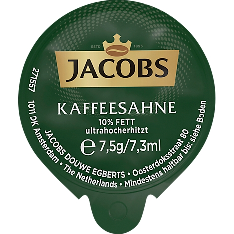 Jacobs coffee creamer capsule. Green, with gold logo and lettering.