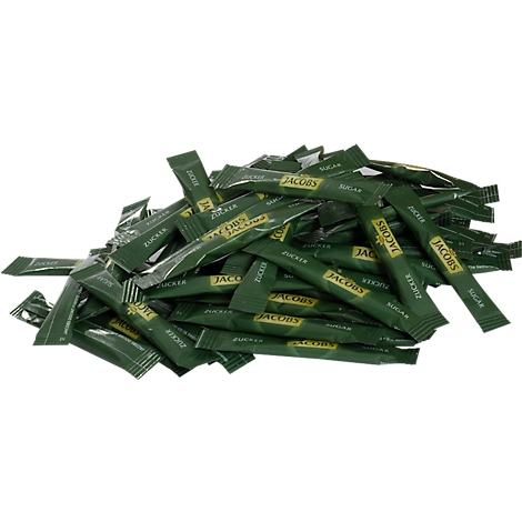 Haufen grüner Zuckersticks mit Jacobs-Logo.