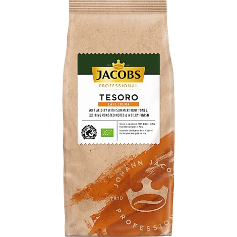 Coffee bag with the writing JACOBS TESORO, brown background. Text: "Soft Acidity with Summer Fruit Tones, Exciting Roasted Notes & a Silky Finish".