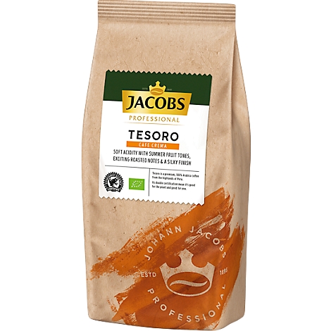 Brown paper coffee package with the Jacobs Professional logo. Inscription "TESORO" and "CAFE CREMA".