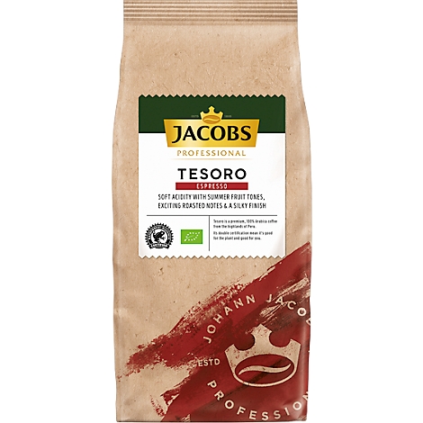 A Jacobs coffee bag, marked "TESORO Espresso". The background is beige with a red brushstroke design.