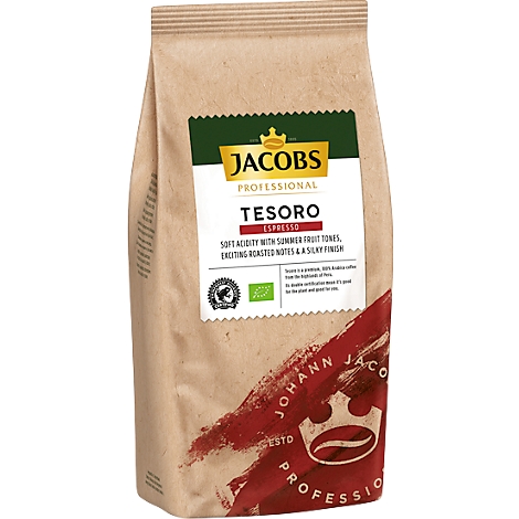 A Jacobs Professional Espresso coffee package. Inscription: Tesoro Espresso with flavor notes and organic seal.