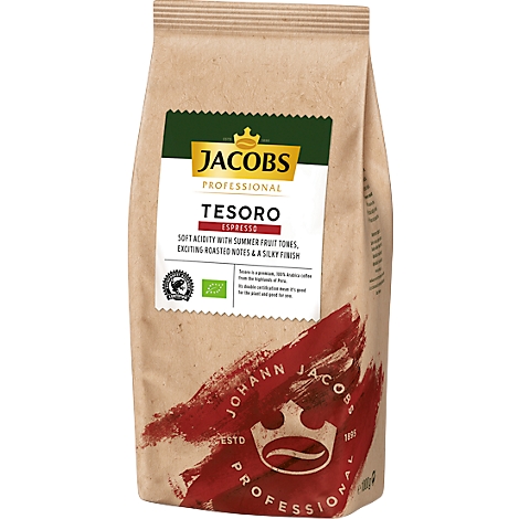 Jacobs Tesoro Espresso coffee bag. Beige paper bag with logo and text. Prints: Tesoro, Espresso, Professional.