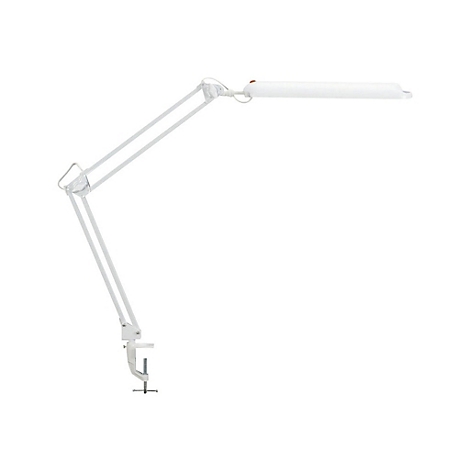 Weiße, verstellbare Schreibtischlampe mit Gelenkarm und Tischklemme vor weißem Hintergrund.