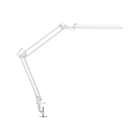 Weiße, verstellbare Schreibtischlampe mit Gelenkarm und Schraubzwinge vor weißem Hintergrund.