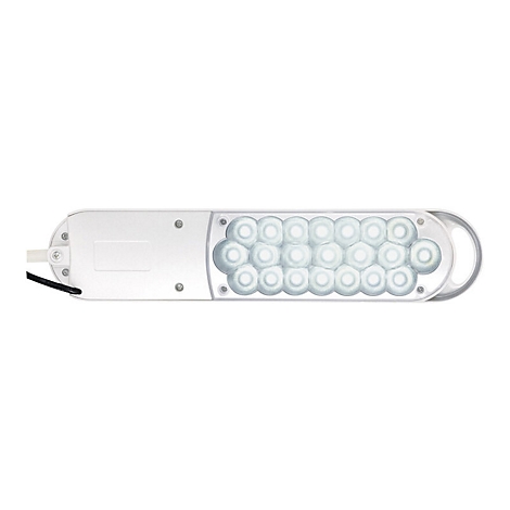 Längliche LED-Arbeitsleuchte mit silbernem Gehäuse und mehreren runden Leuchtlinsen vor weißem Hintergrund.