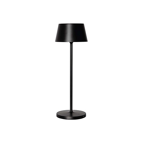 Schlichte schwarze LED-Tischleuchte mit schlankem Fuß und konischem Schirm vor weißem Hintergrund.