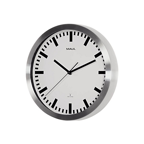 Analoge Wanduhr von MAUL mit weißem Zifferblatt, schwarzen Balkenmarkierungen und gebürstetem Metallrahmen.