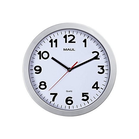 Analoge Wanduhr mit silbernem Rahmen, weißem Ziffernblatt, schwarzen Ziffern und rotem Sekundenzeiger.