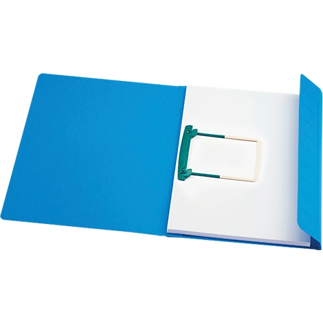 Classeur bleu, ouvert, avec du papier blanc et une fermeture verte. Le côté gauche du classeur est ouvert.