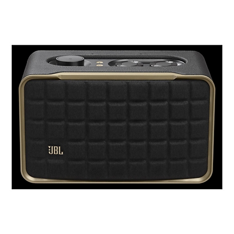 Schwarzer Bluetooth-Lautsprecher mit quadratischem Muster und goldfarbenen Akzenten. Oben befinden sich Drehknöpfe, JBL Logo.