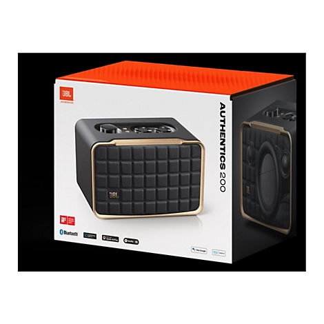 Schwarzer JBL Authentics 200 Lautsprecher mit Goldakzenten vor einer weißen Verpackung mit orangefarbenem Deckel.