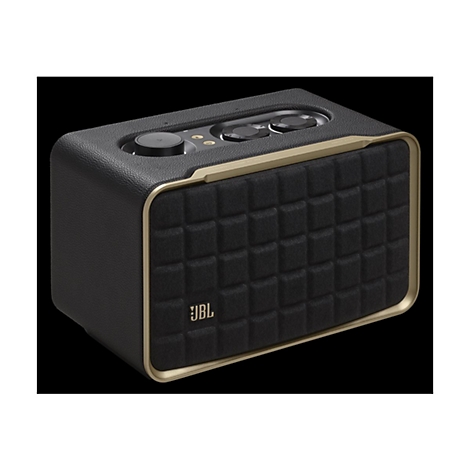 Schwarzer Bluetooth-Lautsprecher mit goldenen Akzenten. Quadratisches Design mit karierter Vorderseite. JBL Logo unten.