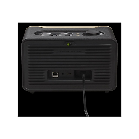 Rückansicht des schwarzen JBL Authentics 200 Lautsprechers mit sichtbaren Anschlüssen und Netzkabel.