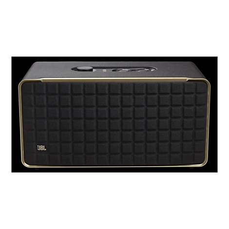 Schwarzer JBL Lautsprecher im Retro-Design mit goldener Umrandung und stoffbezogener Gitterfront.