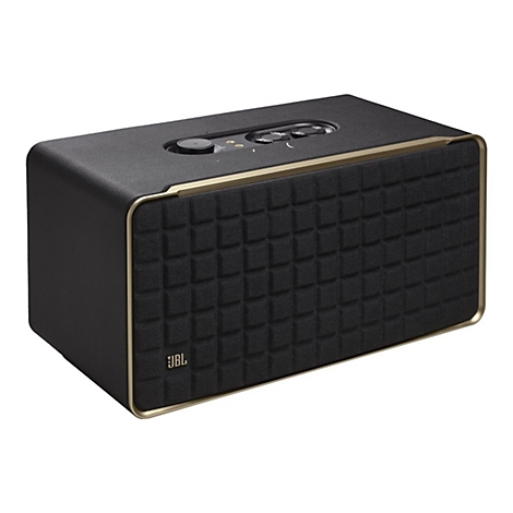 Schwarzer JBL Bluetooth-Lautsprecher in rechteckigem Retro-Design mit goldenem Rahmen vor weißem Hintergrund.
