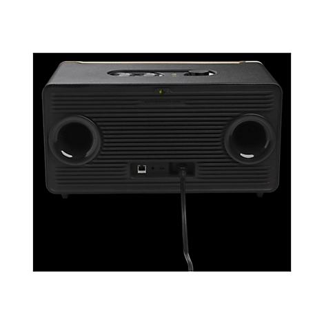 Rückseite eines schwarzen JBL Authentics 500 Lautsprechers mit Anschlüssen und Netzkabel vor schwarzem Hintergrund.