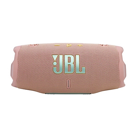 Rosa JBL Lautsprecher auf weißem Hintergrund, mit JBL-Logo.