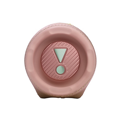 Nahaufnahme eines rosa Lautsprechers. Ein Ausrufezeichen und ein Kreis sind in einer kreisförmigen Aussparung zu sehen.