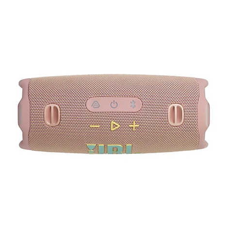 Rosafarbener Bluetooth-Lautsprecher, länglich, mit Bedienknöpfen und JBL-Logo.