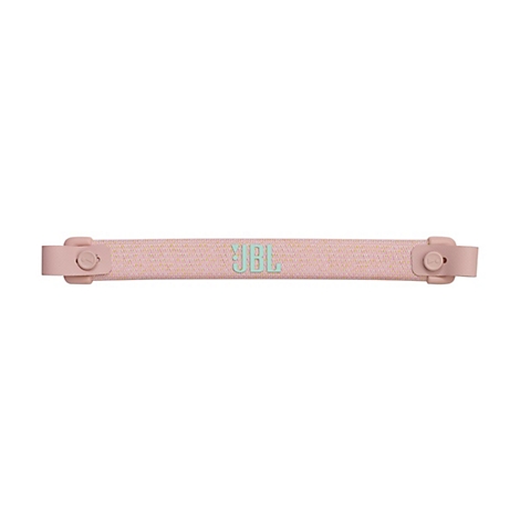 Rosa Kopfhörerband mit JBL-Logo. Band hat gelbe Akzente. An beiden Enden sind Befestigungslaschen.