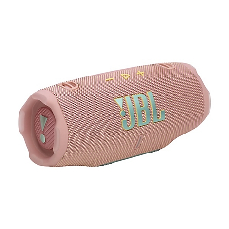 Rosafarbener JBL Bluetooth-Lautsprecher. Die JBL-Logoschrift ist türkis. Oben sind Knöpfe, seitlich eine Taste. Die Oberfläche besteht aus Stoff.