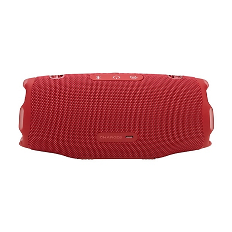Roter Bluetooth-Lautsprecher, rechteckig, mit Bedienknöpfen und "CHARGE6"-Aufdruck.