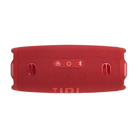 Roter JBL Bluetooth Lautsprecher mit Bedienelementen und Logo. Rundes Design mit Stoffstruktur und seitlichen Knöpfen.