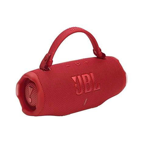 Roter JBL-Lautsprecher mit Tragegriff, Logo und Bedienelementen.