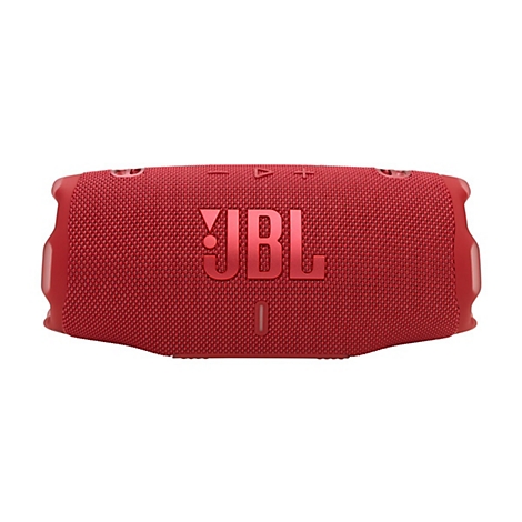 Roter JBL-Lautsprecher vor weißem Hintergrund. Auf der Vorderseite ist das JBL-Logo prominent zu sehen.