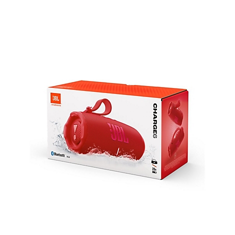 Roter JBL Charge 6 Bluetooth-Lautsprecher in Verpackung mit Logo. Wasserspritzer und Produktname auf der Verpackung.