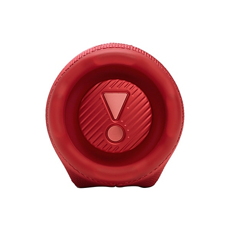 Roter JBL-Lautsprecher mit Lautstärkeknöpfen und JBL-Logo. Detailaufnahme vor weißem Hintergrund.
