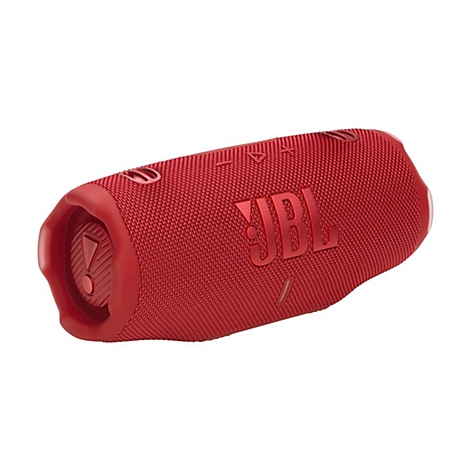 Roter JBL-Lautsprecher in länglicher Form, mit Stoffstruktur, Bedienknöpfen und JBL-Logo.