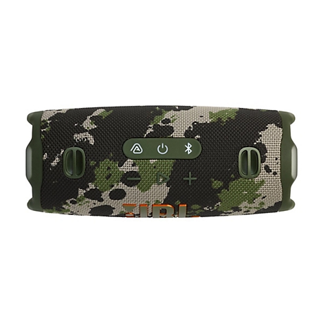 Ein JBL-Lautsprecher mit Camouflage-Muster, Bedienelementen und Markenlogo.
