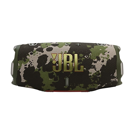 Draufsicht auf einen JBL-Lautsprecher in Tarnmuster mit JBL-Logo.
