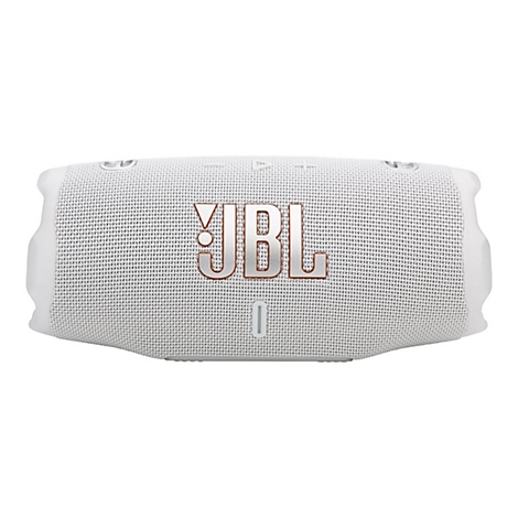 Weißer JBL-Lautsprecher, Vorderansicht, mit JBL-Logo.