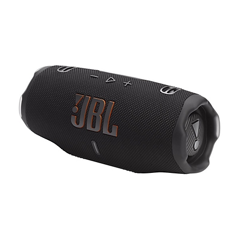 Schwarzer, zylinderförmiger JBL Bluetooth-Lautsprecher vor weißem Hintergrund.