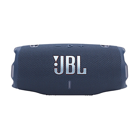 Blauer, zylinderförmiger JBL Bluetooth-Lautsprecher in Frontansicht vor weißem Hintergrund.