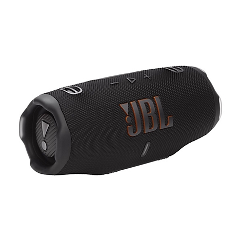 Schwarzer, zylinderförmiger JBL Bluetooth-Lautsprecher vor weißem Hintergrund mit markantem orange-schwarzem Logo.