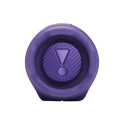 Nahaufnahme der lila Bassmembran eines JBL Bluetooth-Lautsprechers mit zentralem Markenlogo.