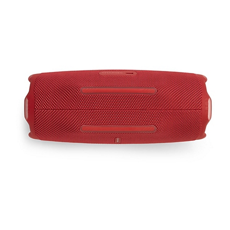 Roter zylindrischer Bluetooth-Lautsprecher vor weißem Hintergrund.