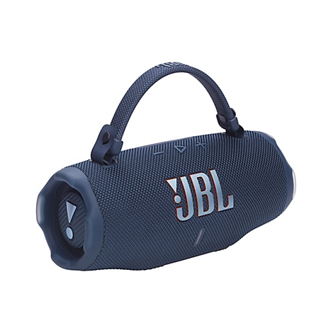 Blauer, zylinderförmiger JBL Bluetooth-Lautsprecher mit Tragegriff vor weißem Hintergrund.