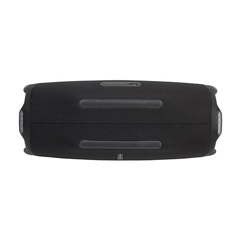 Draufsicht auf den schwarzen, zylindrischen JBL Charge 5 Bluetooth-Lautsprecher vor weißem Hintergrund.