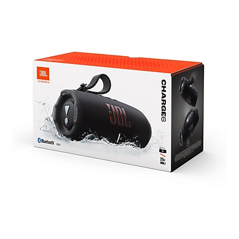Verkaufsverpackung des schwarzen JBL Charge 6 Bluetooth-Lautsprechers mit Wasser-Grafik.