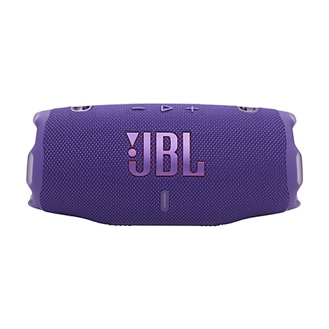 Lila JBL Charge Bluetooth-Lautsprecher vor weißem Hintergrund mit mittigem Firmenlogo.